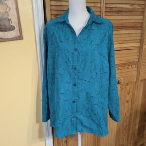 Sag Harbor Woman Teal Soft Suede Button Down Long Sleeve Blouse 1X